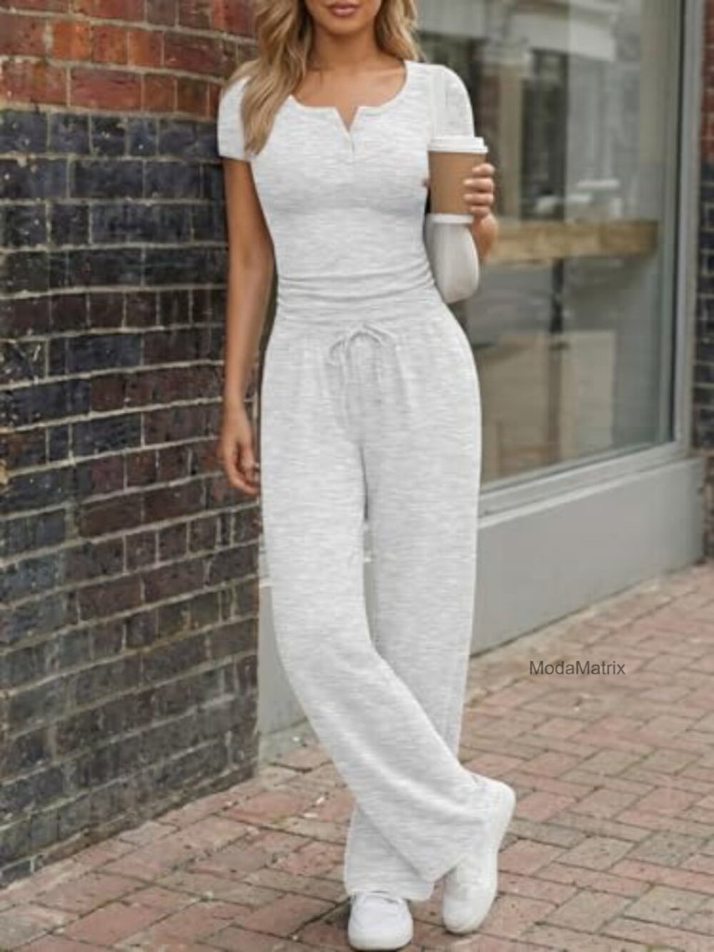 Women's 2 Piece Lounge Set with Pockets Henley Crop Top - Picture 4 of 5